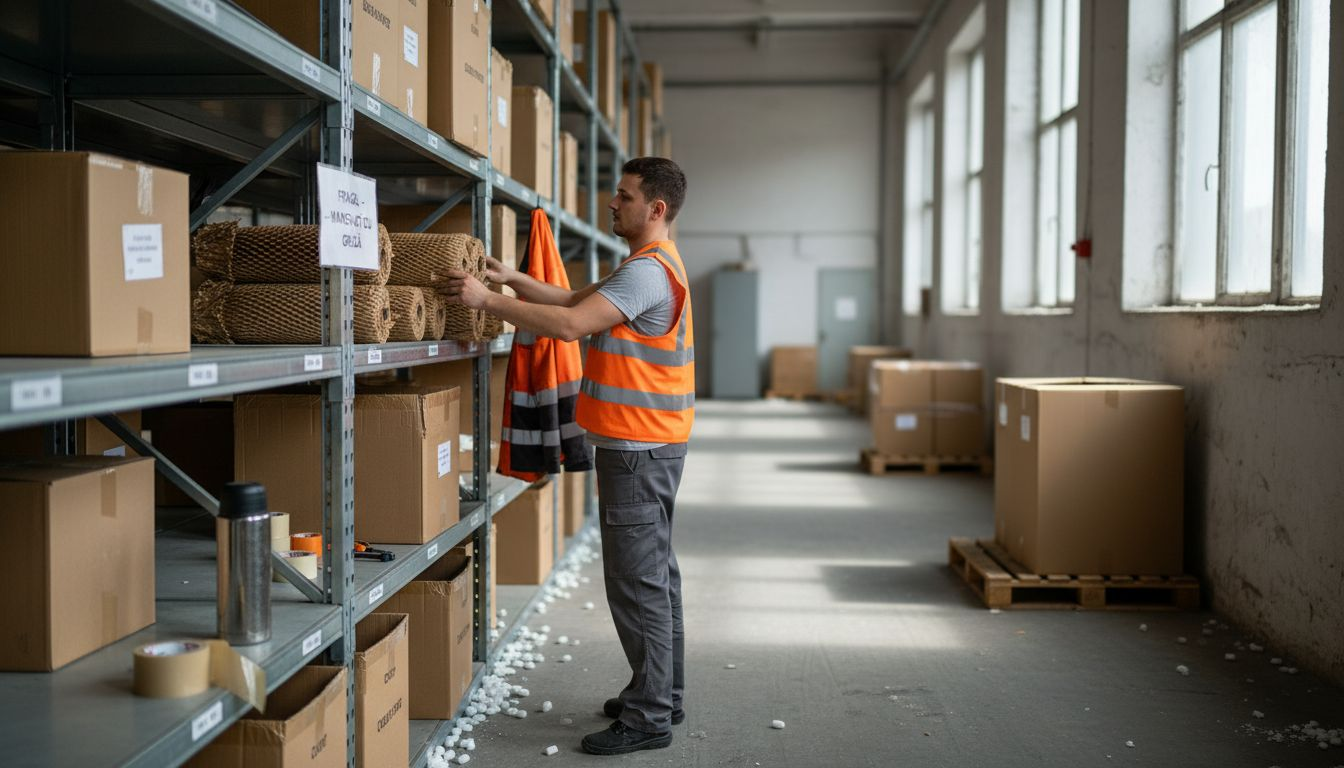 Un angajat organizează ambalaje biodegradabile pe rafturile din depozit.