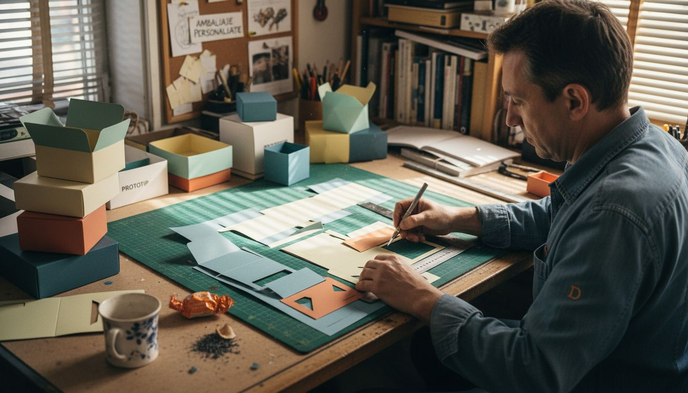 Un designer analizează diferite modele de ambalaje personalizate, evaluând detaliile fiecăruia pentru a alege cele mai potrivite soluții.