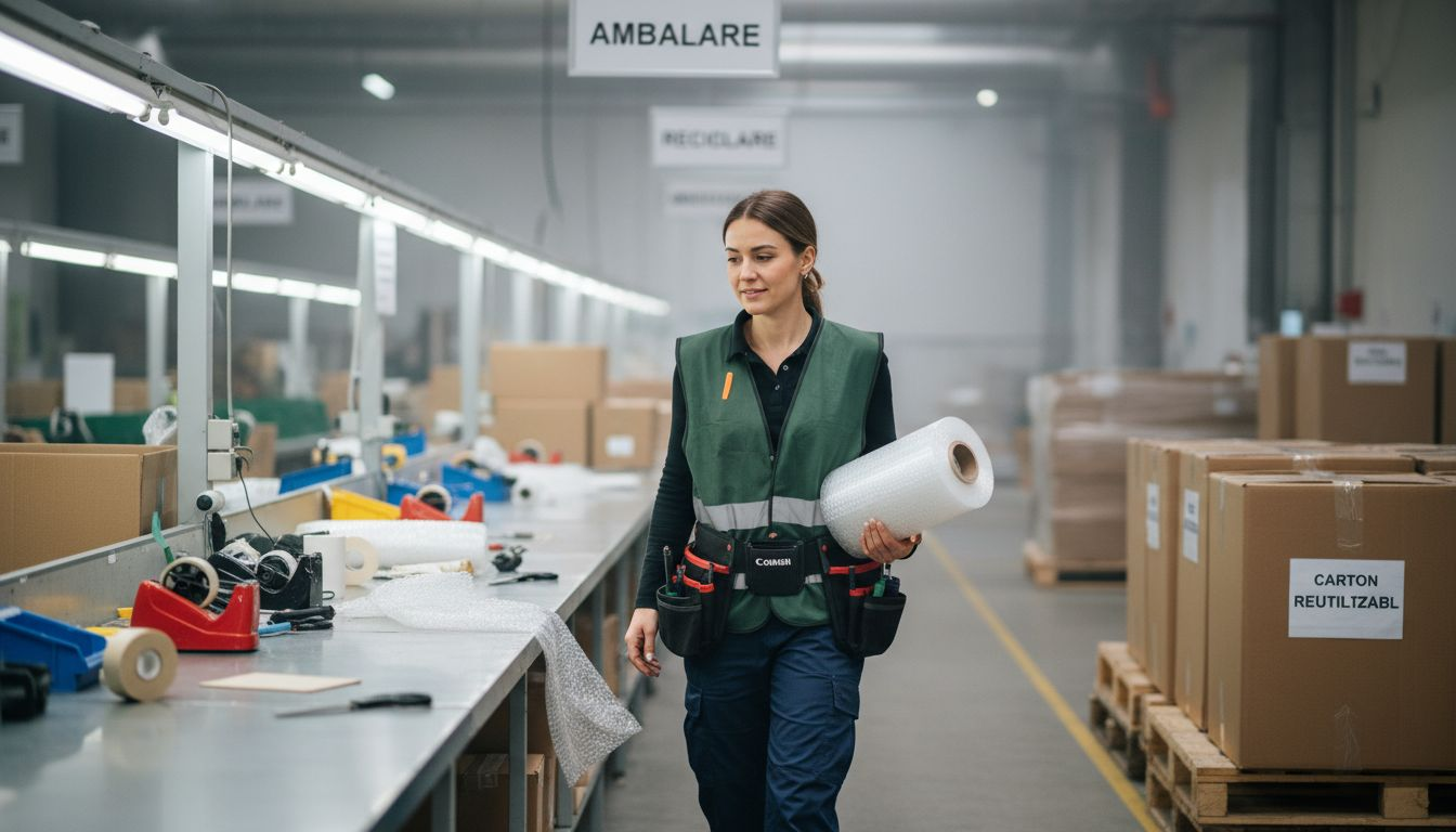 Șeful depozitului verifică stocul de ambalaje ecologice pentru a se asigura că sunt suficiente și respectă standardele de sustenabilitate.