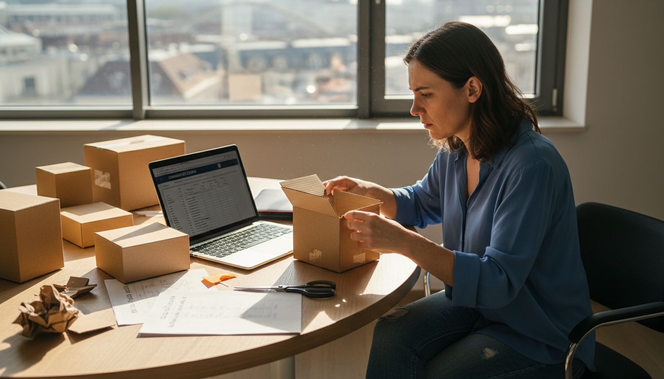 Proprietarul analizează și compară mostre de ambalaje reciclabile pentru a alege cea mai potrivită opțiune.