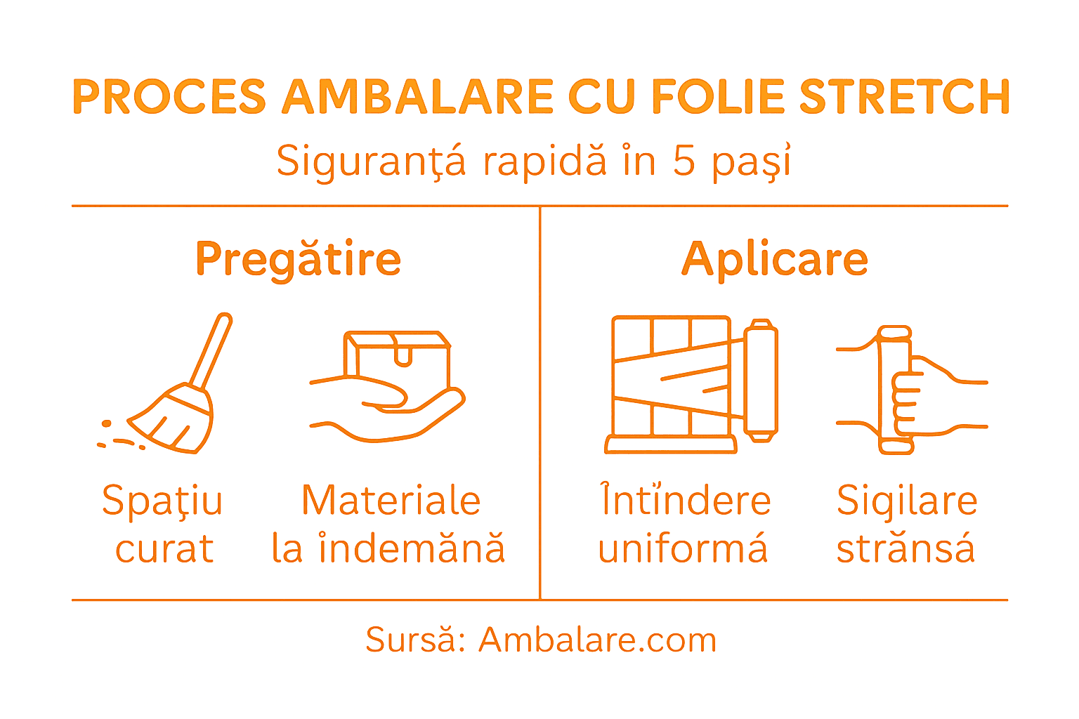 Infografic: cum împachetezi corect cu folie stretch – etape esențiale