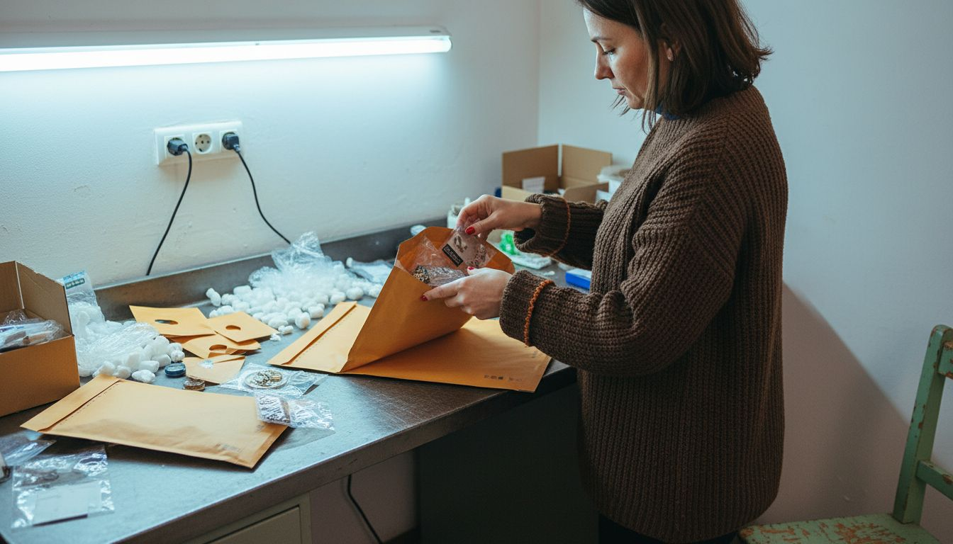 Bijuteriile sunt împachetate cu grijă în plicuri cu bule pentru protecție suplimentară.