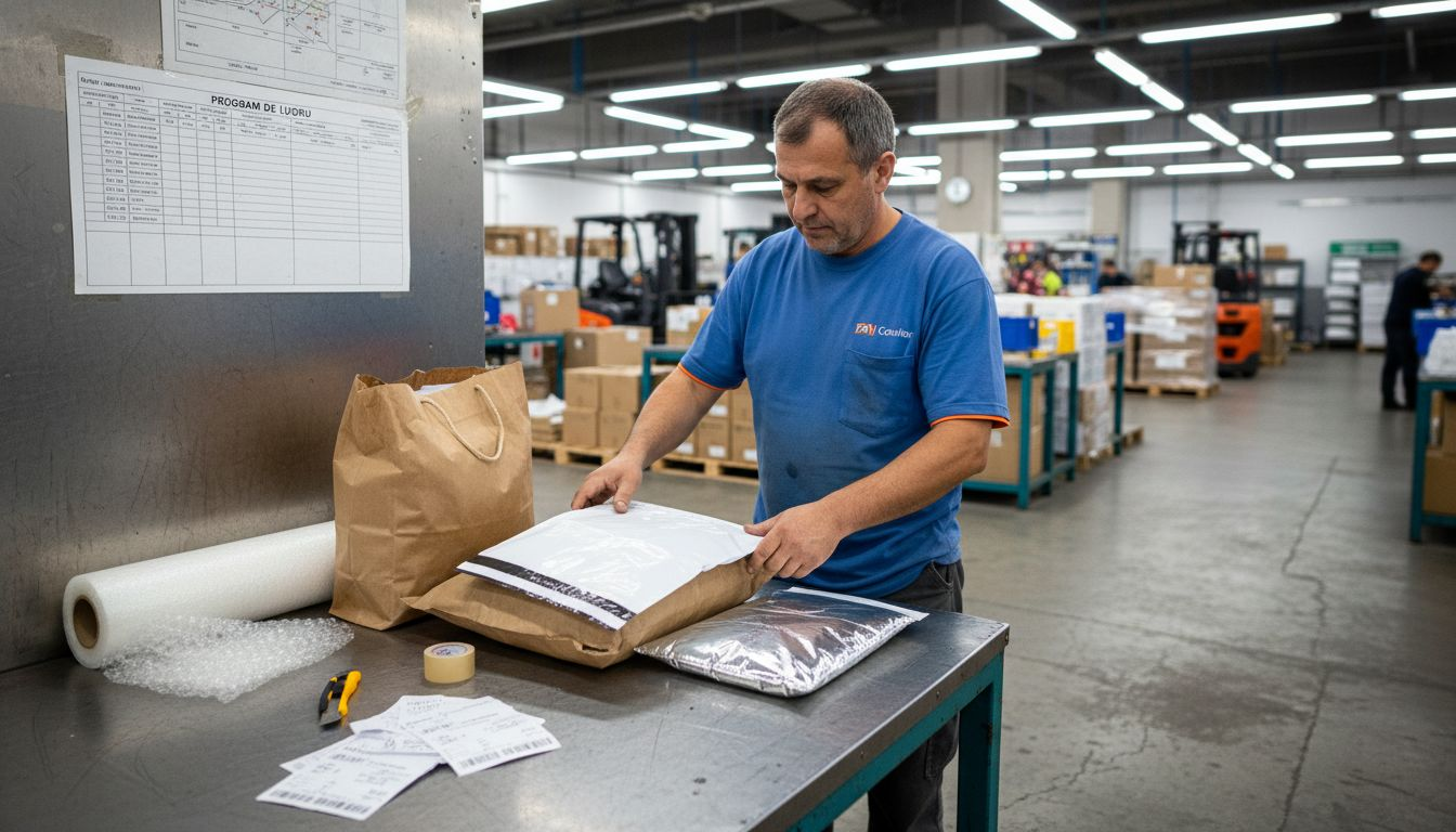 Angajatul se ocupă de sortarea sacilor de curierat, separându-i în funcție de tip.