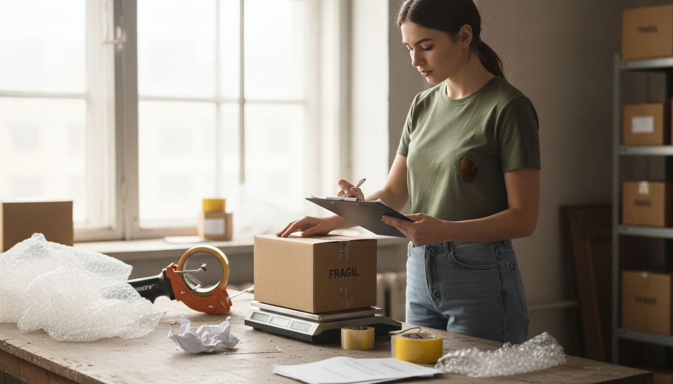 Angajatul verifică greutatea coletului înainte de expediere.