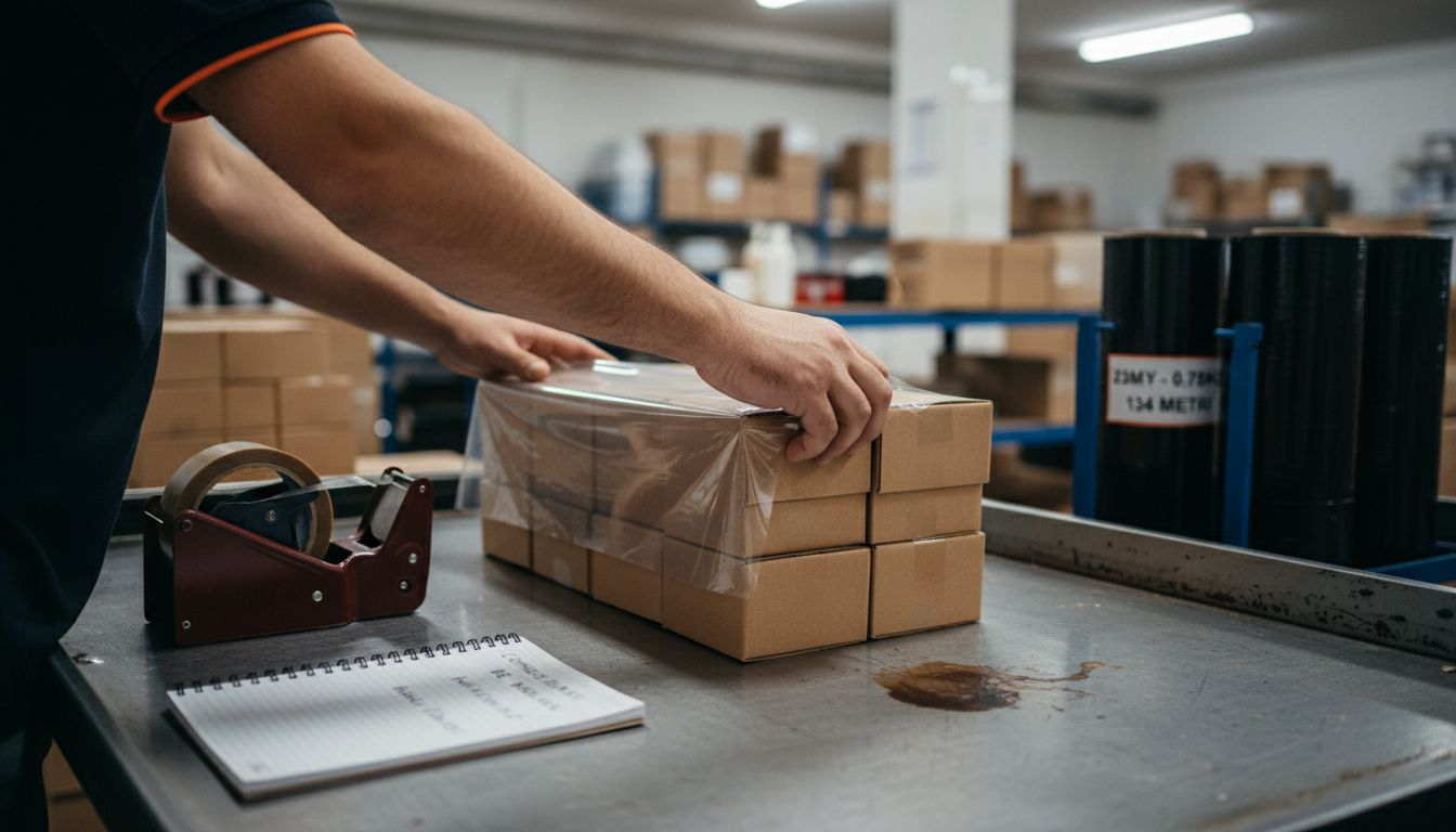 Mâini care întind folie peste cutiile deja ambalate
