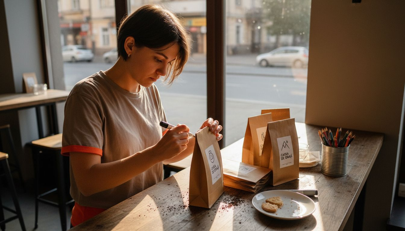 Barista personalizează și aplică etichete pe ambalajele de cafea, oferindu-le un aspect unic.