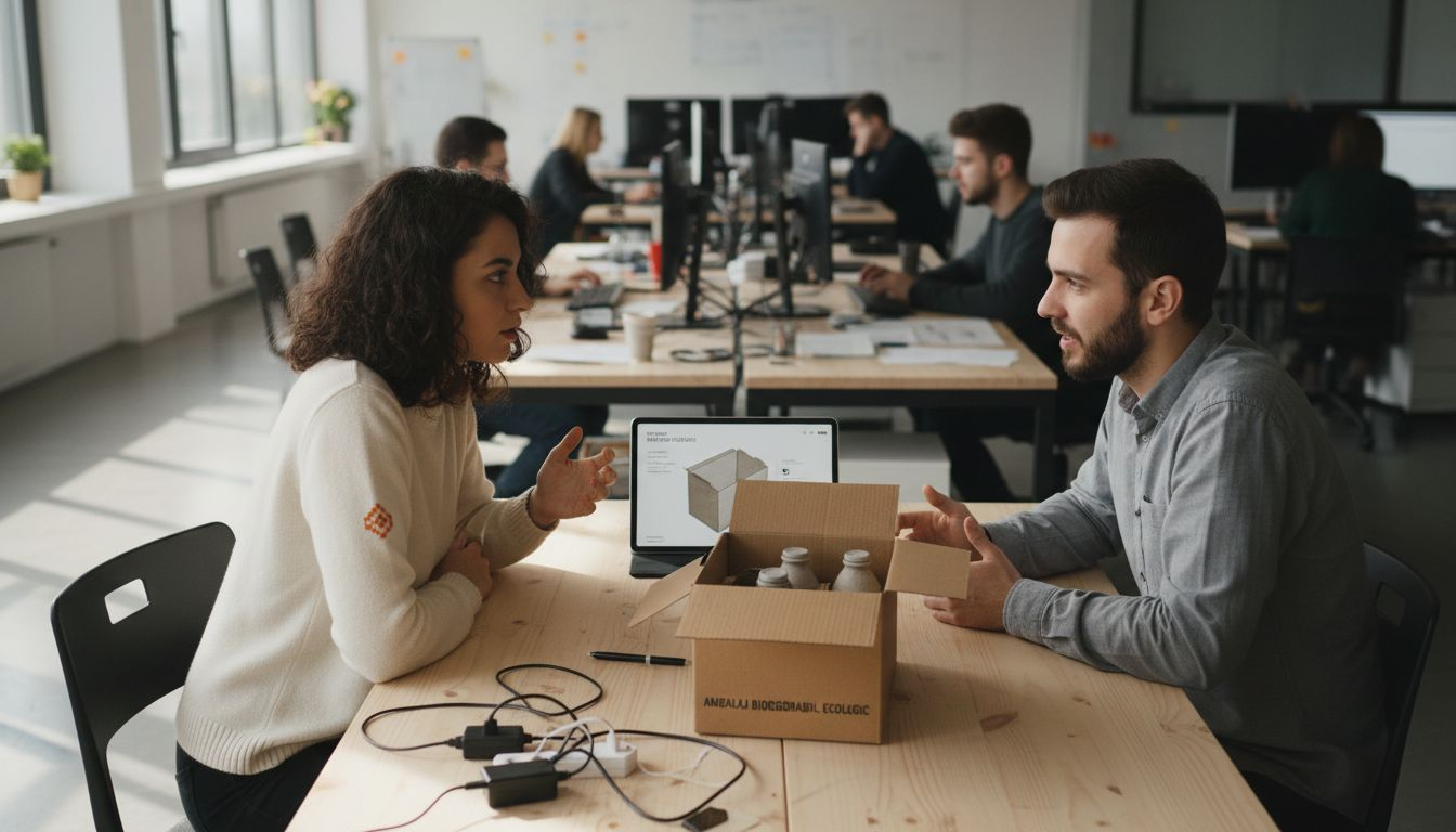 Team debating sustainable packaging at table