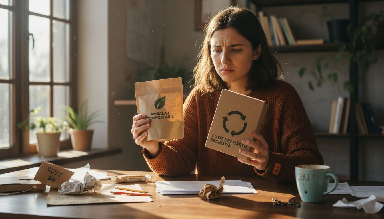 O persoană analizează mostre de ambalaje ecologice pentru a alege cea mai potrivită variantă.