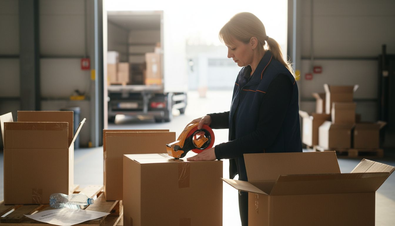 Un supervizor inspectează coletele sigilate pe platforma de încărcare.