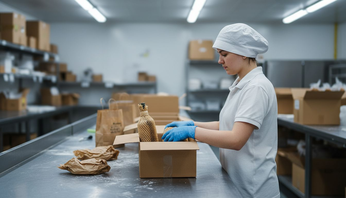 Procesul de ambalare a produselor alimentare în cadrul unei hale industriale