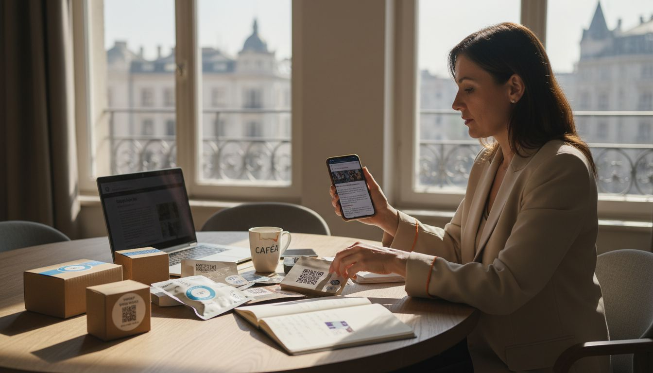 Un antreprenor analizează mostre de ambalaje inteligente.