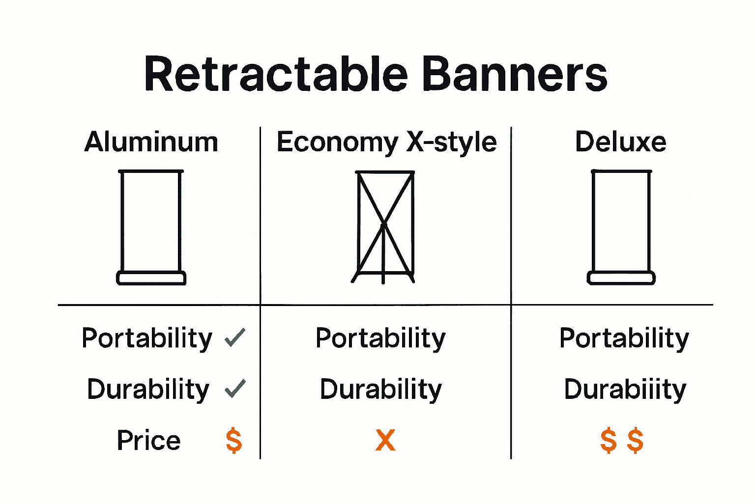 Infographic comparing aluminum, economy X-style, and deluxe retractable banners.