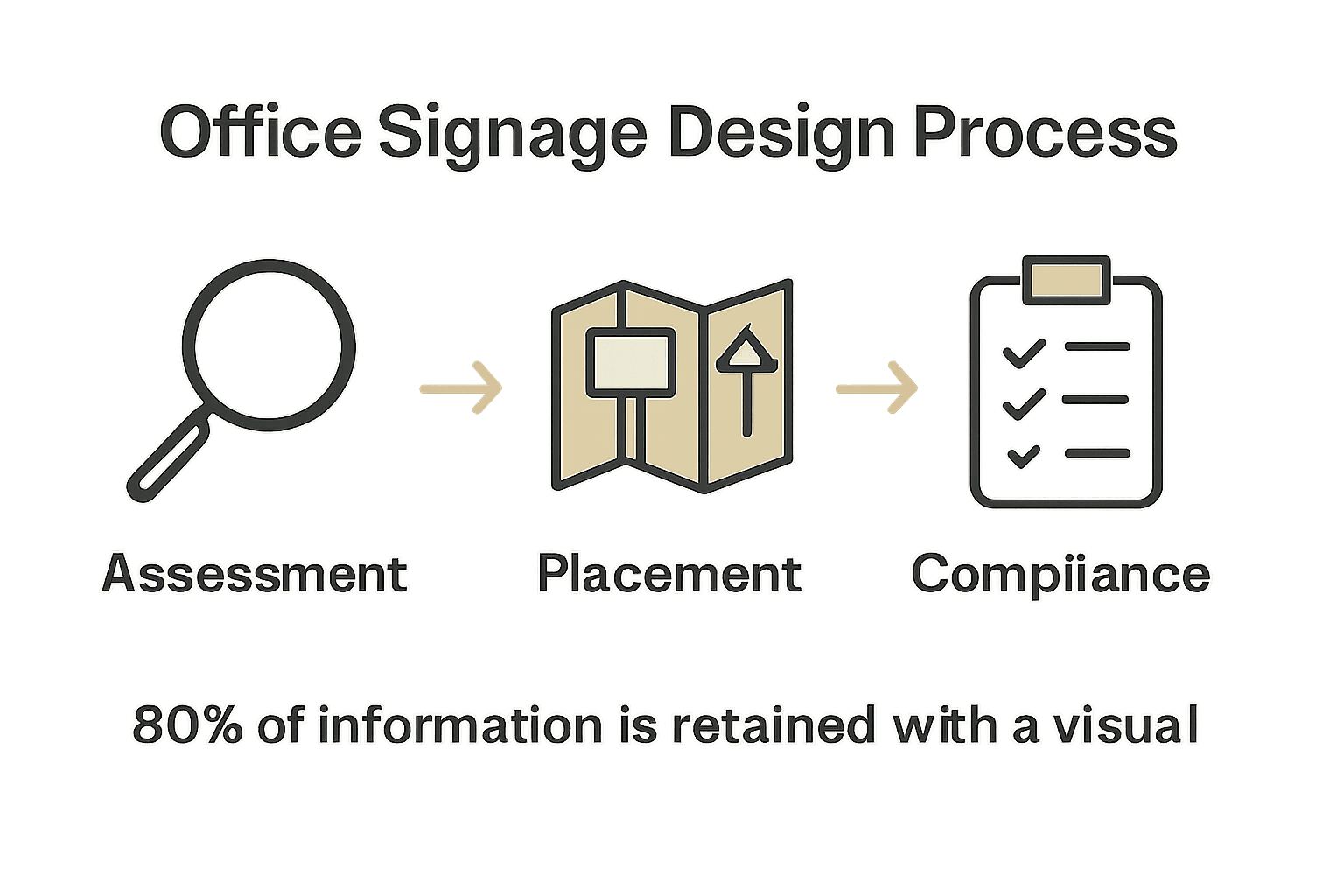Infographic showing office signage design steps using icons and arrows