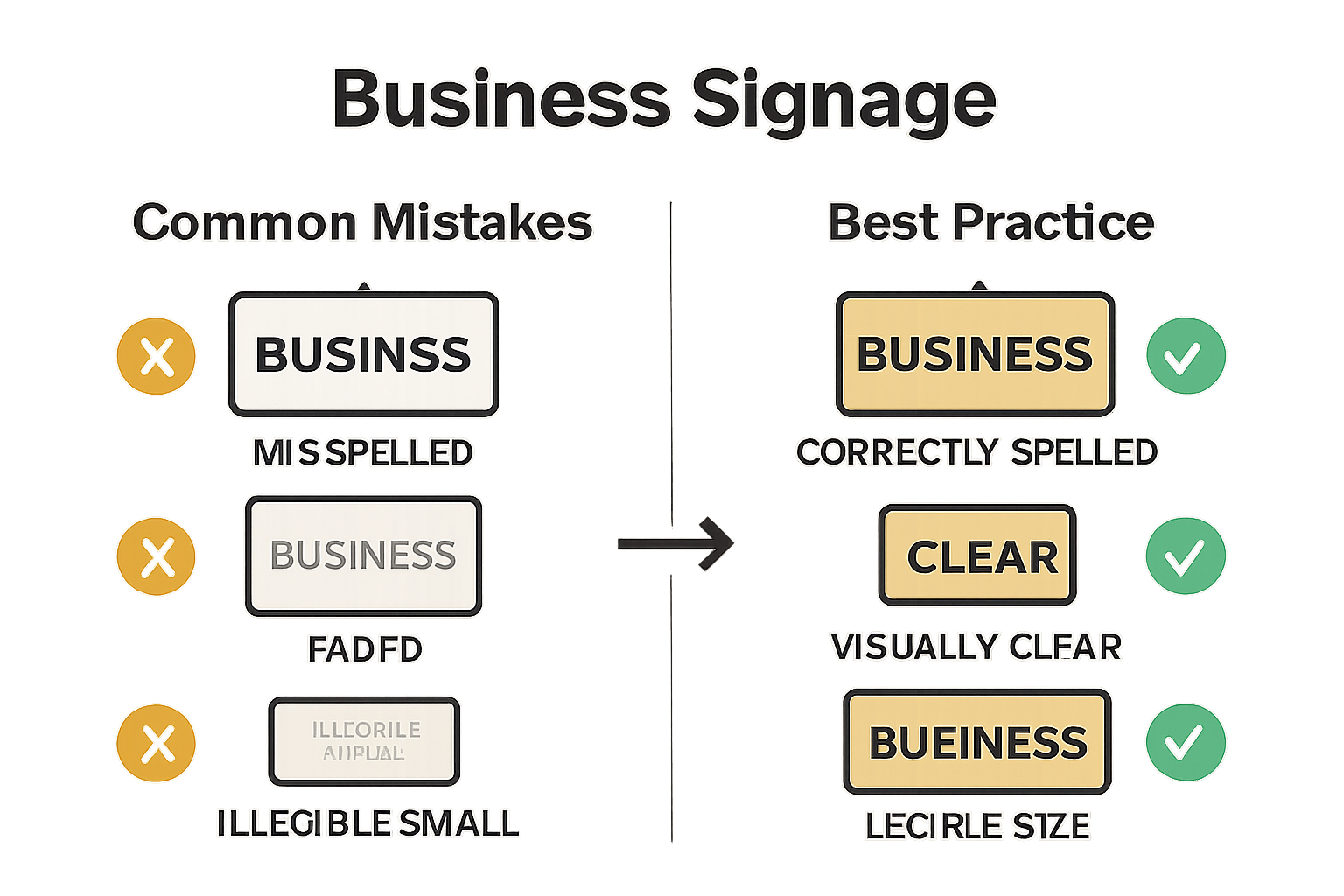 Infographic showing common business signage mistakes versus best practices with visual icons.