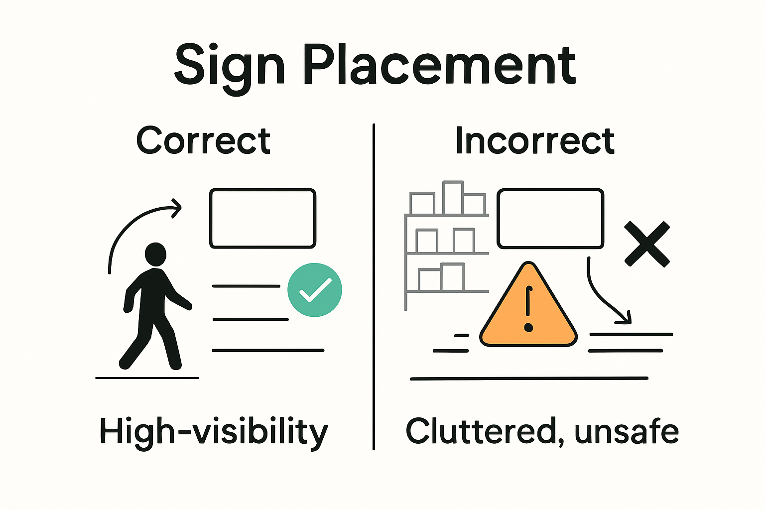 Infographic compares effective and ineffective retail sign placement locations.
