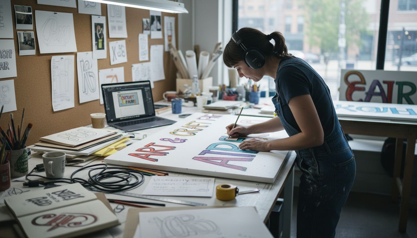 Designer creating large foam outdoor sign