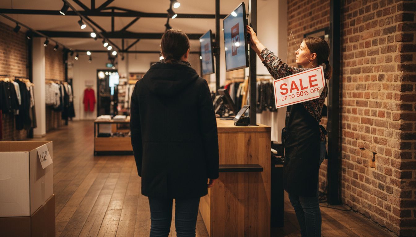 Employee adjusting digital and print retail signage