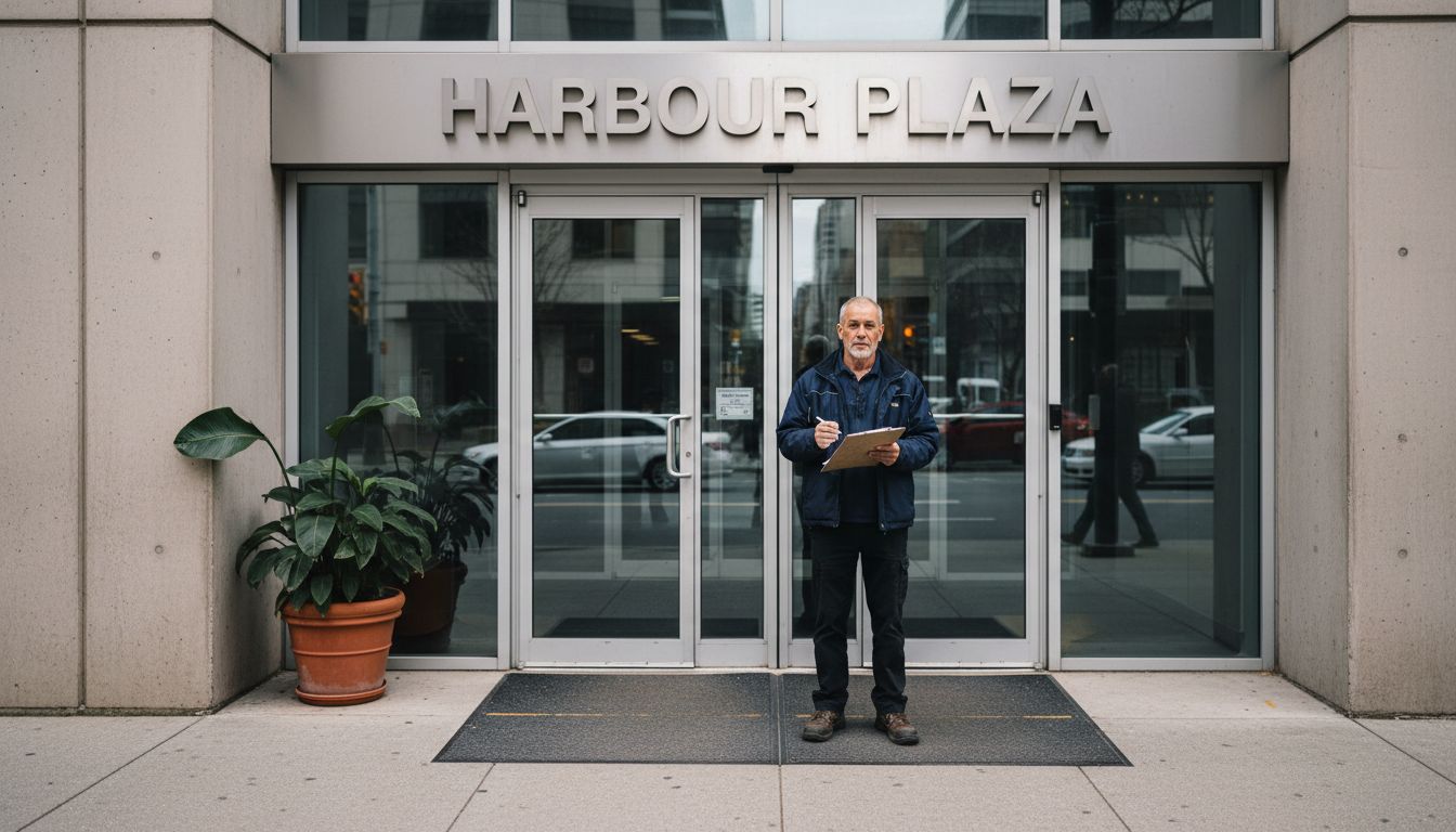 Man delivering to office entrance sign