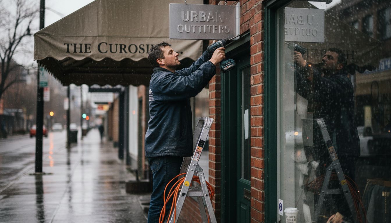 Installer mounting business sign in rain