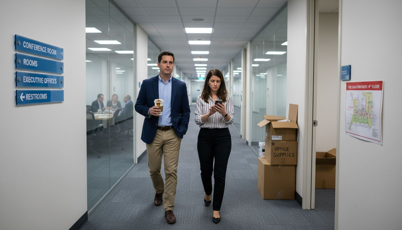 Staff navigating corridor with office wayfinding signage