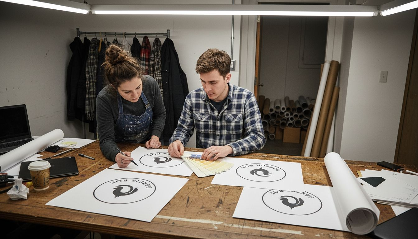 Designers reviewing storefront signage mockups