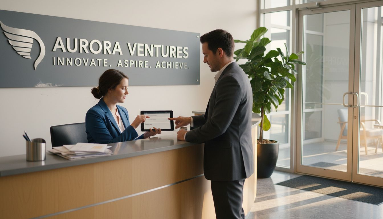 Receptionist and company signage in office lobby