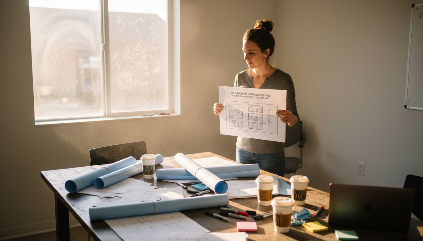Manager checking signage layout on office table