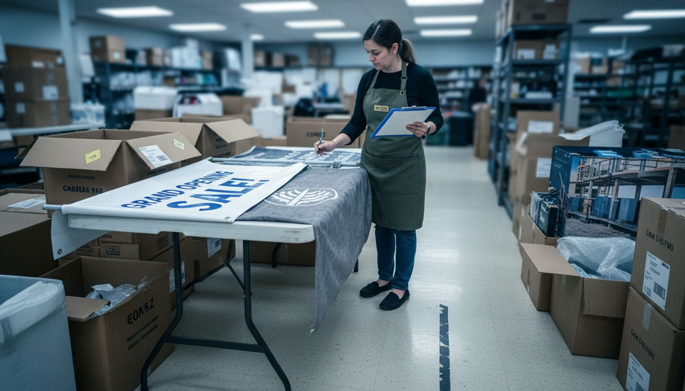 Employee displaying vinyl, fabric, mesh banners