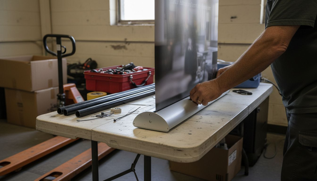 Technician assembling banner stand parts in workshop