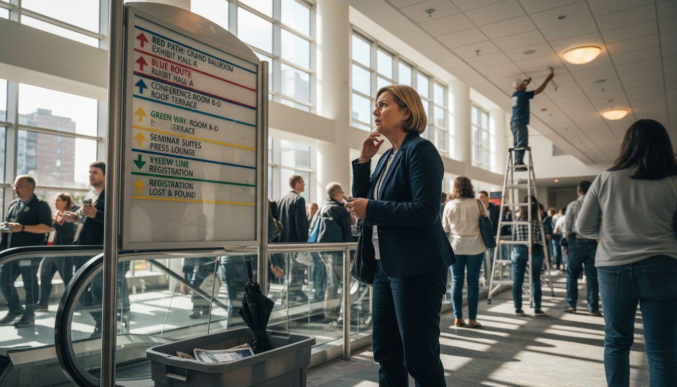 Woman reading directional sign at event hall
