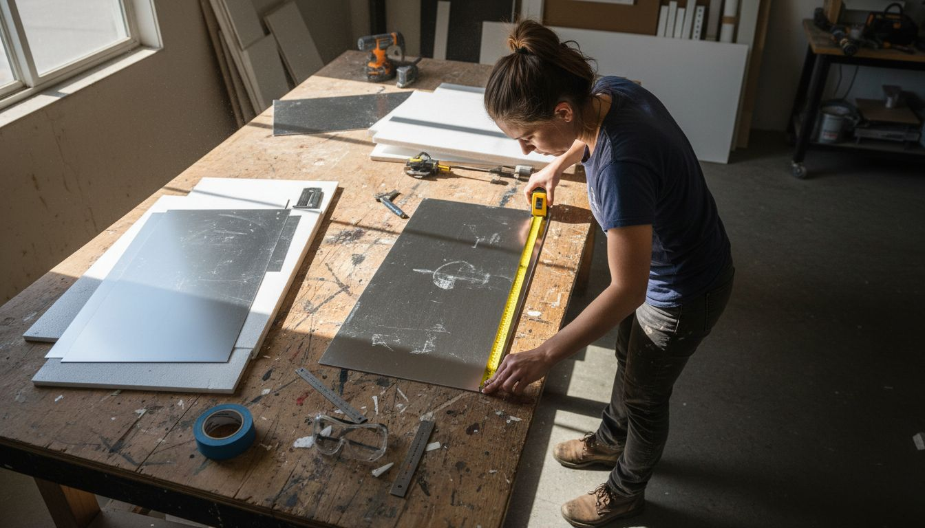 Installer measuring aluminum for real estate sign