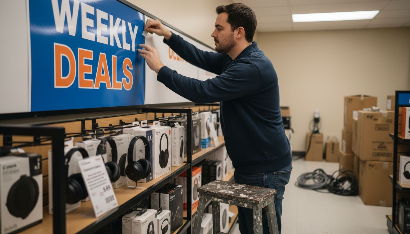 Store employee updating aisle marketing sign
