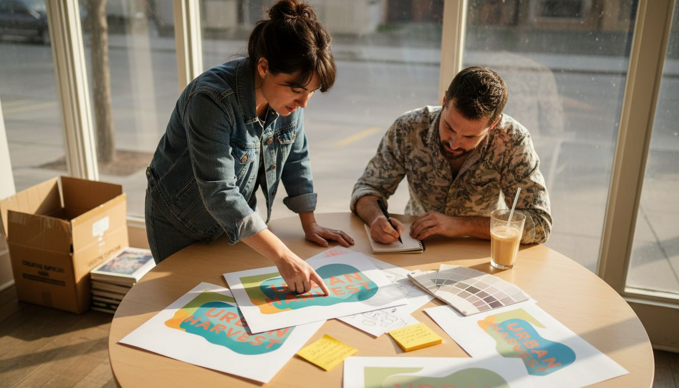 Designers evaluating business sign designs