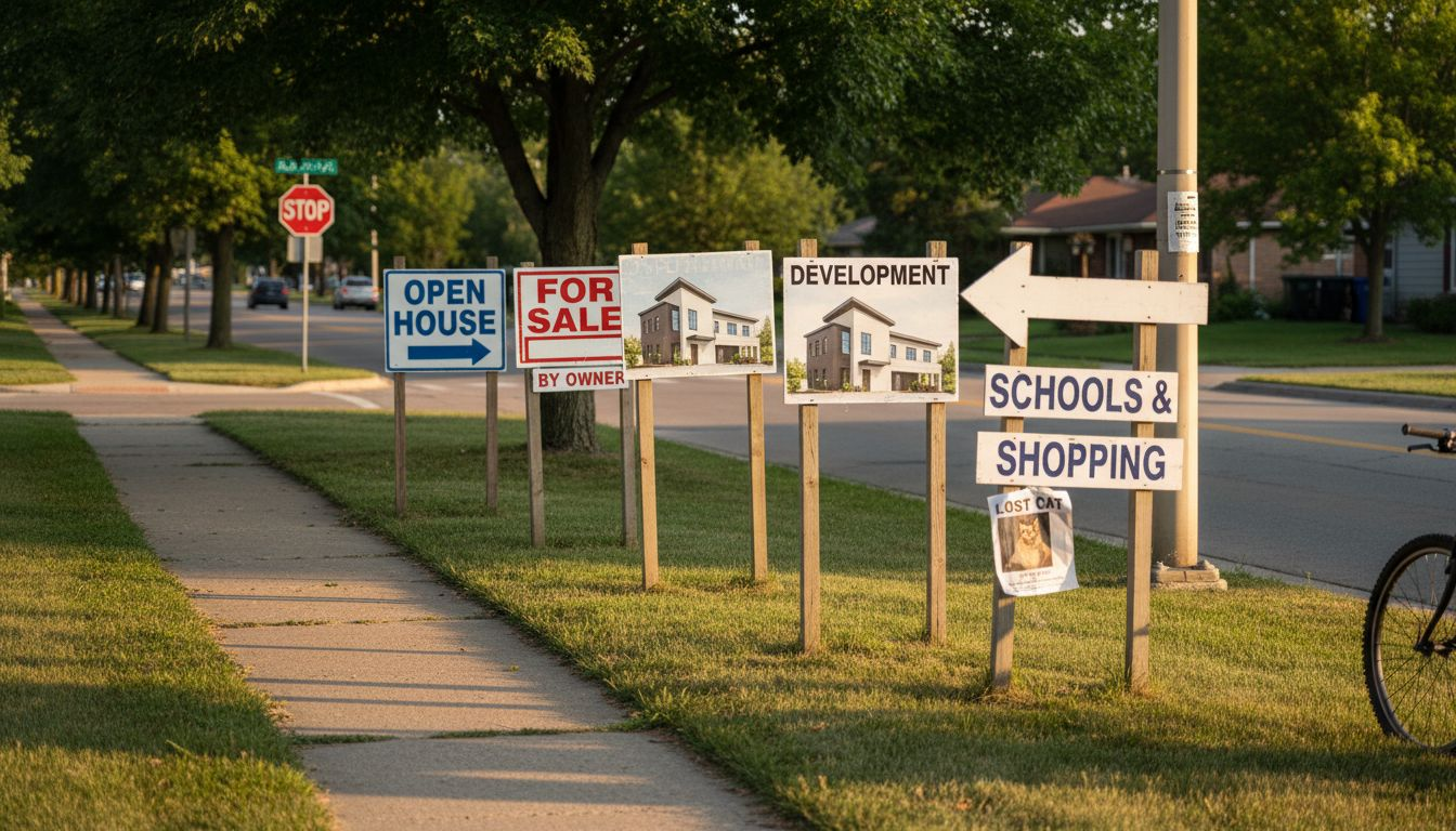 Display of various real estate post and panel signs