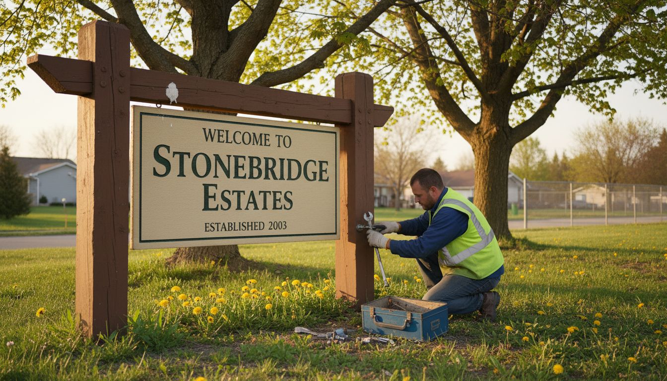 Worker maintaining post-panel entrance sign