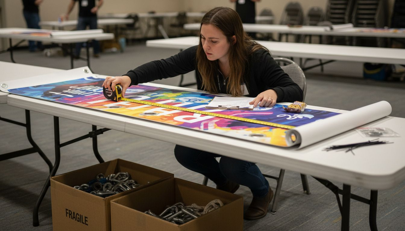 Event coordinator measuring large vinyl banner