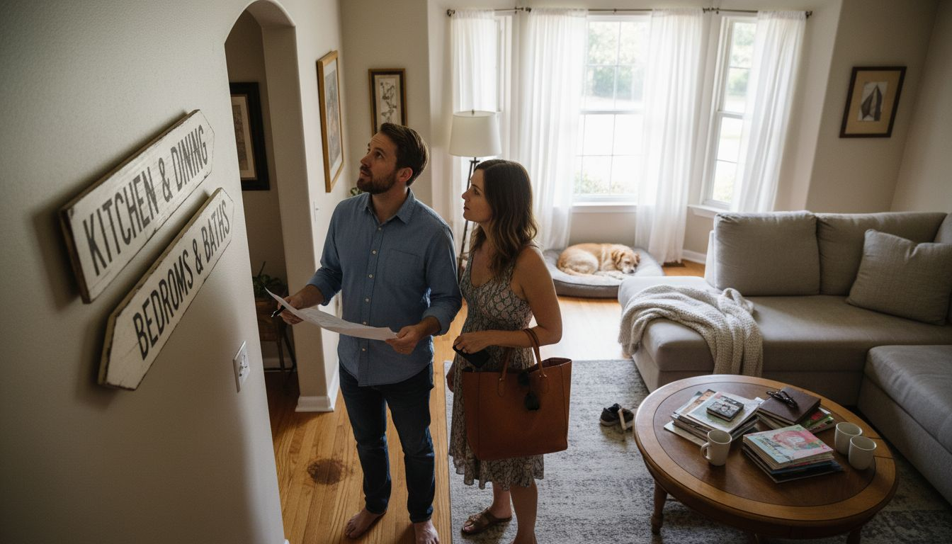 Couple reviewing indoor open house signage