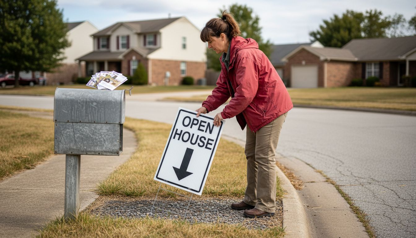 Realtor adjusting open house arrow signage