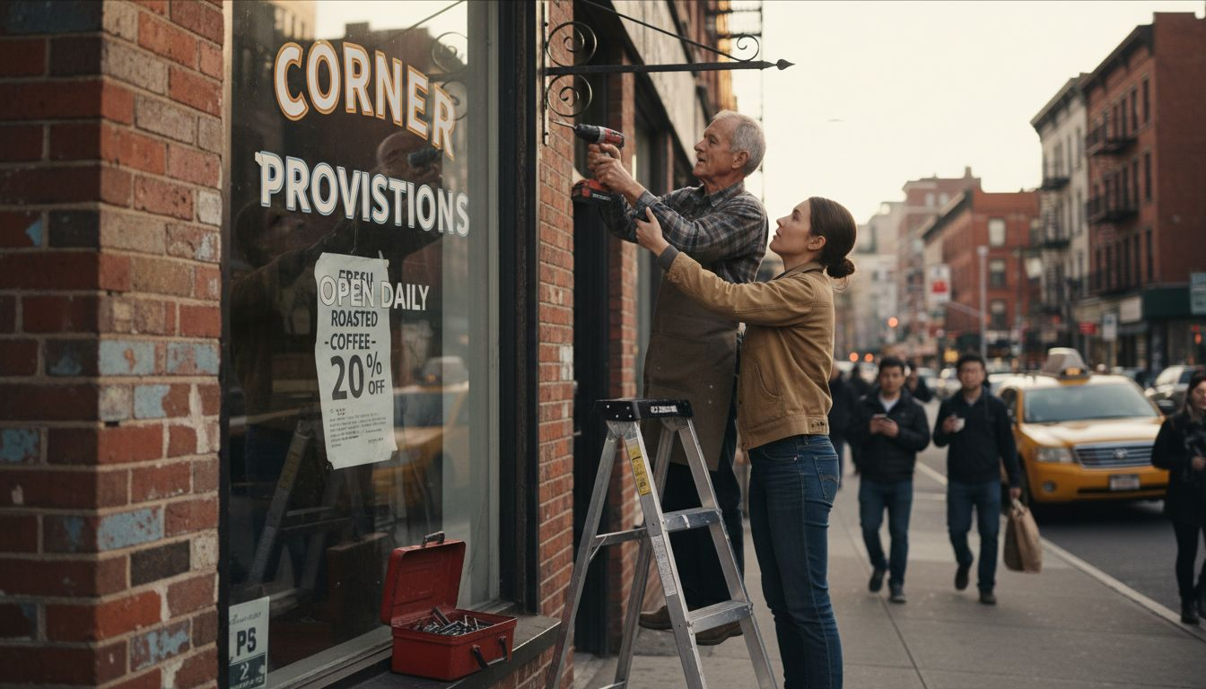 Shopkeepers installing projecting building sign