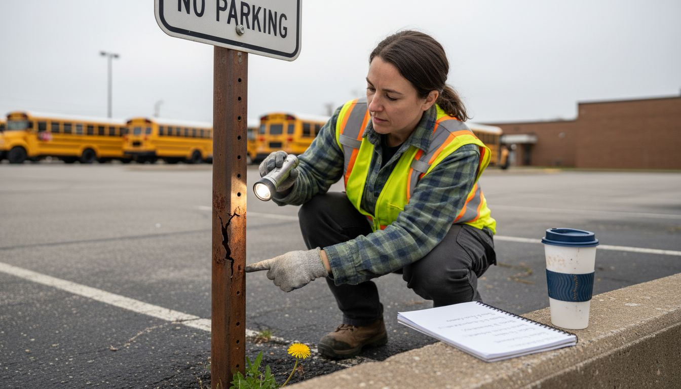 Woman examining metal sign for visible damage