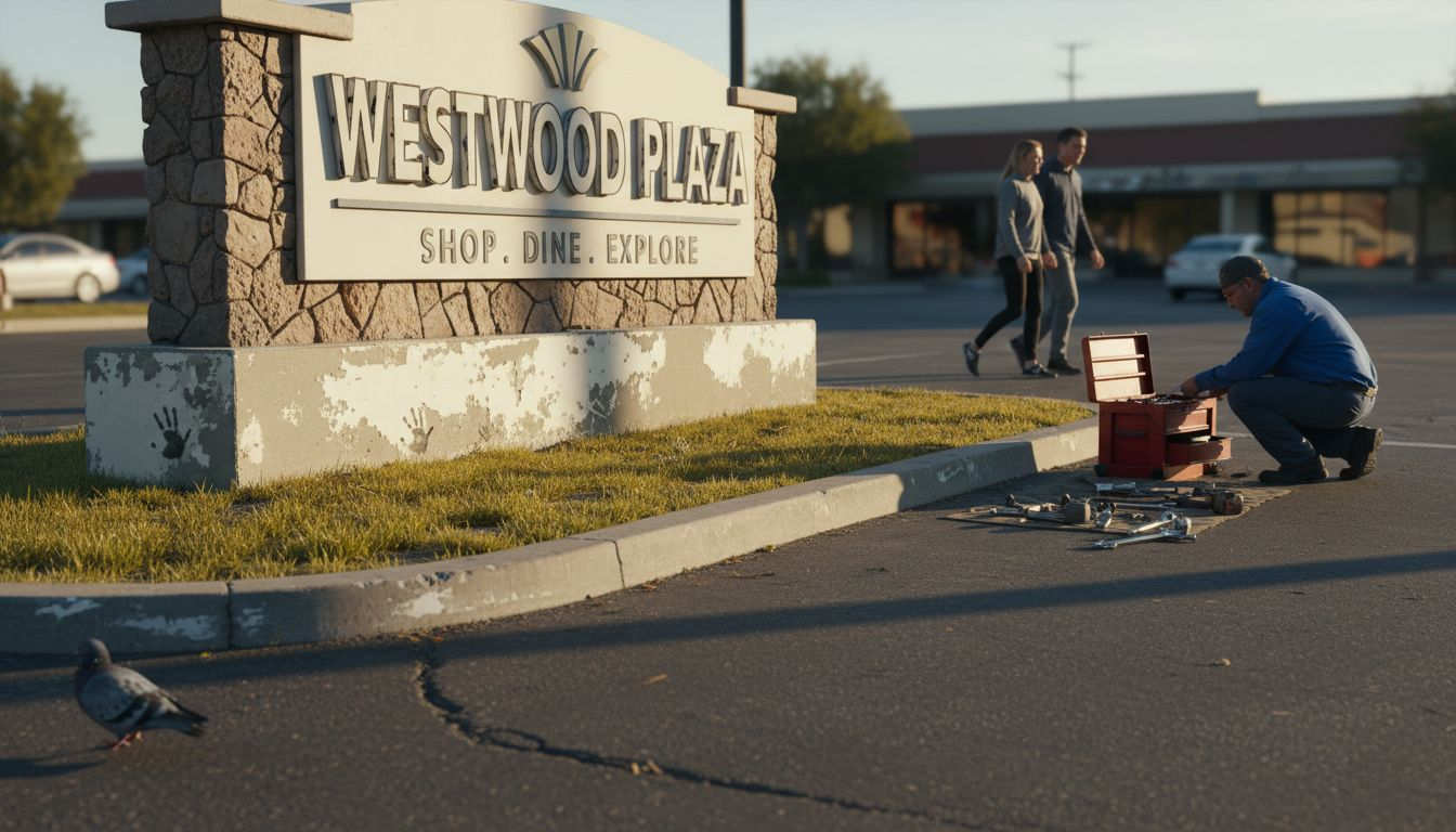 Monument sign at plaza with everyday details