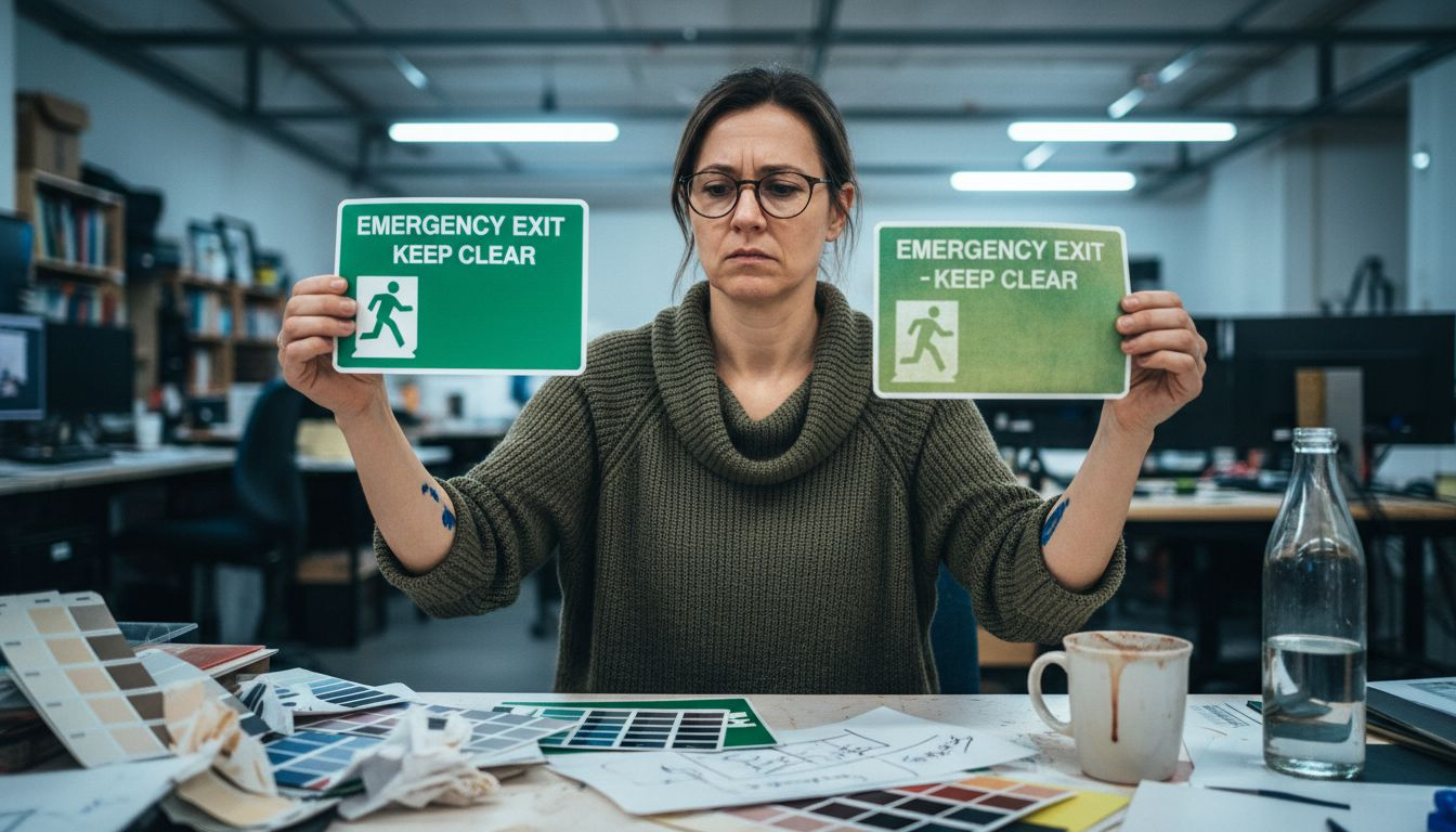 Designer evaluating effective safety sign features