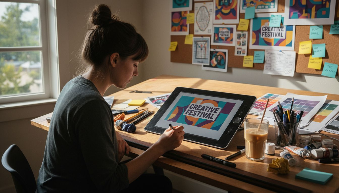 Designer editing banner with vivid color palette