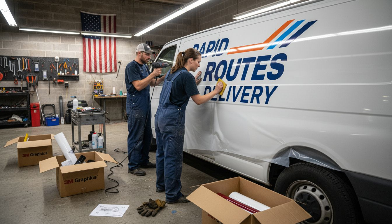 Installers adding wrap decal to delivery van