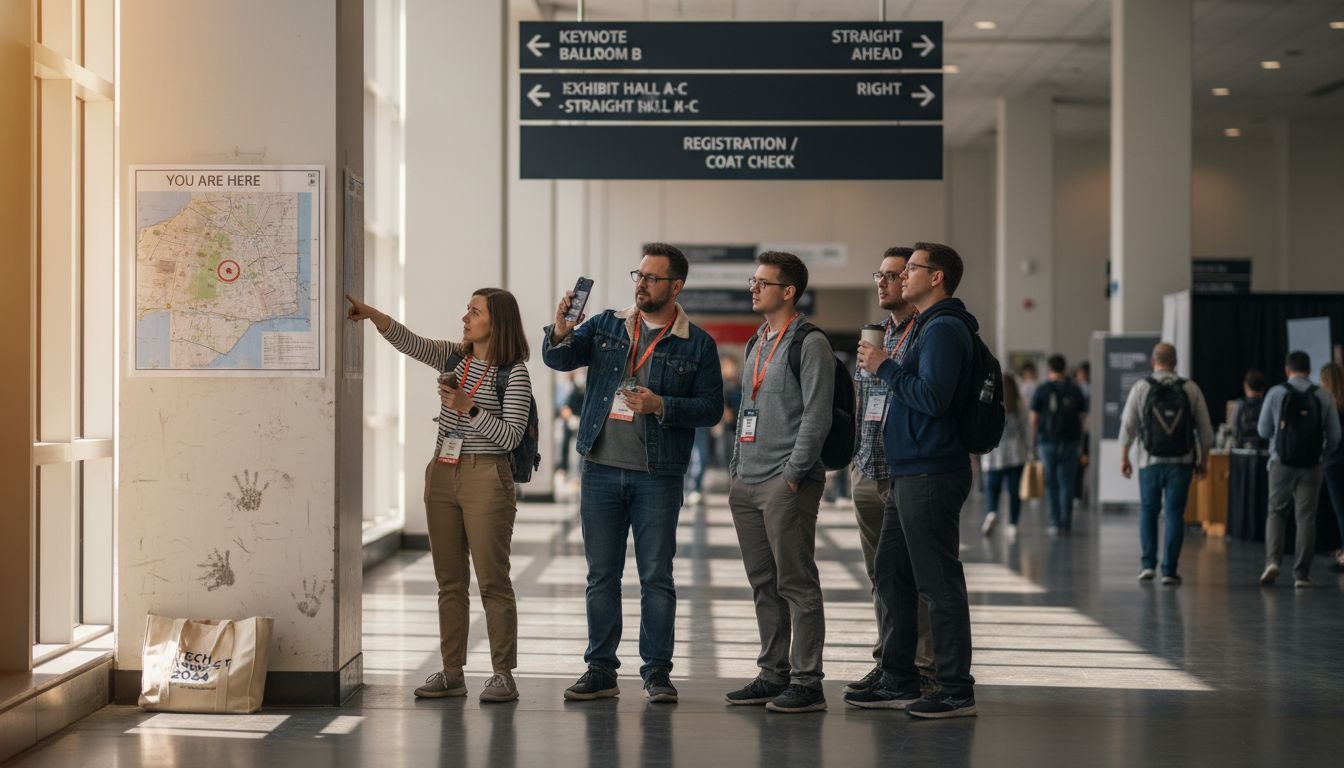 Attendees navigating event with multiple signs