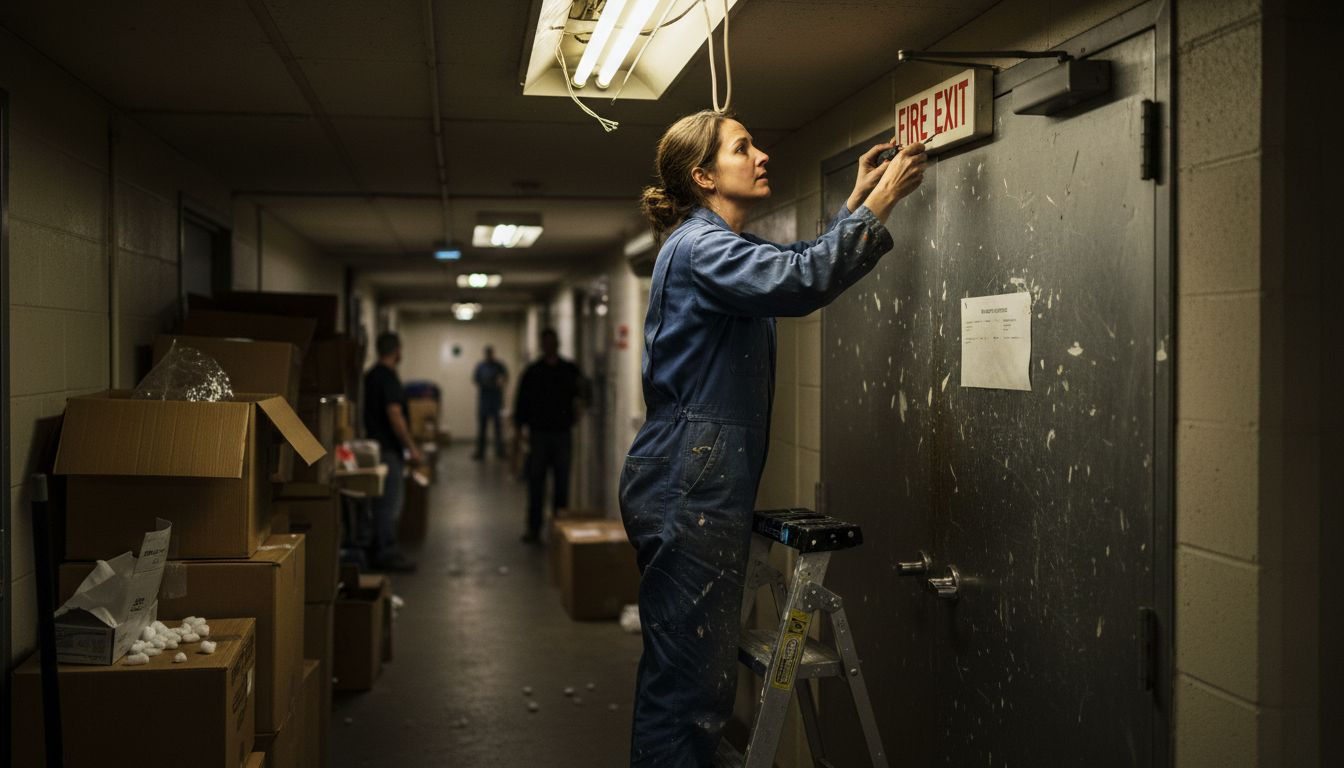 Maintenance worker fixes fire exit sign