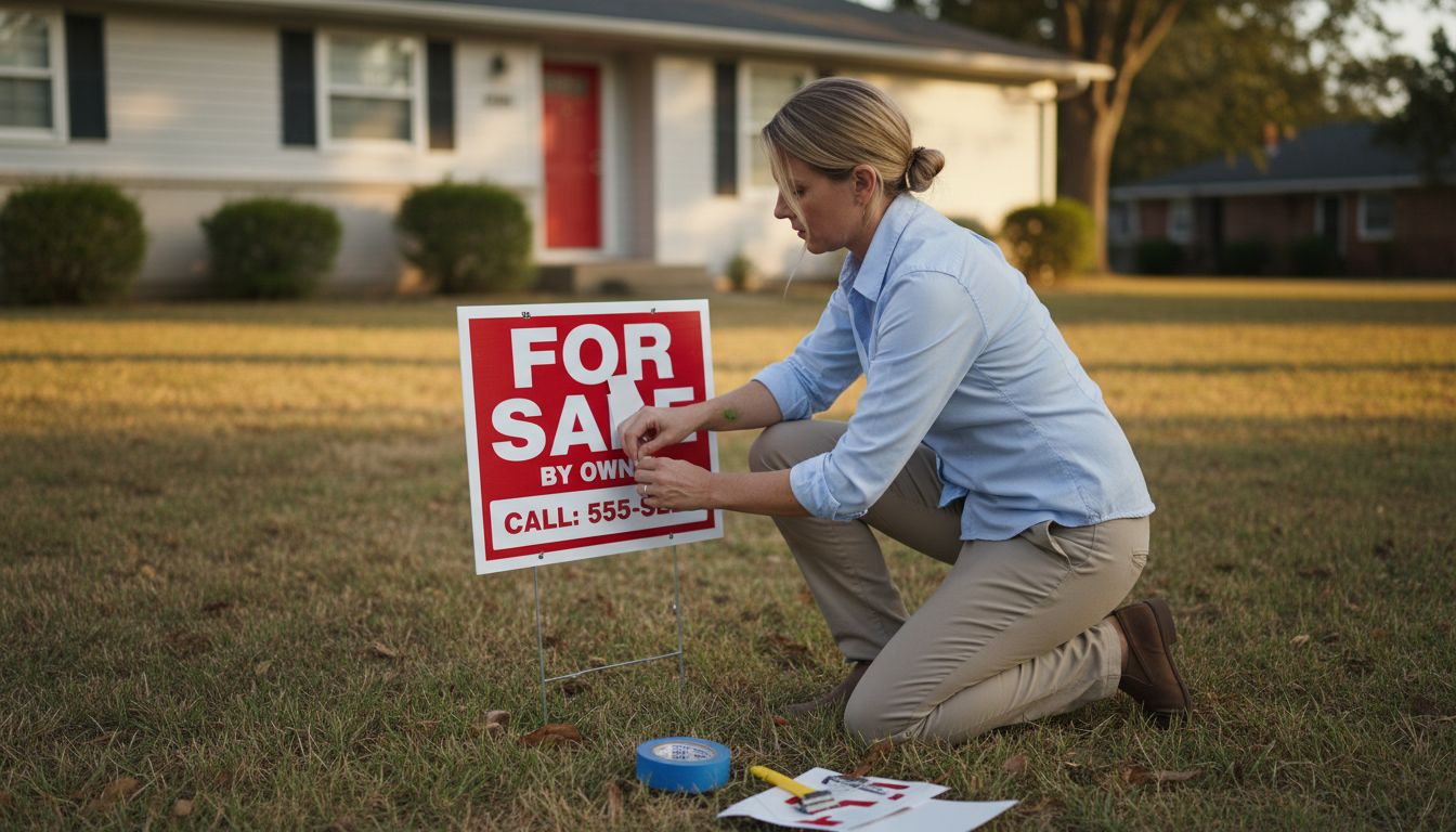 Realtor applying vinyl letters to yard sign