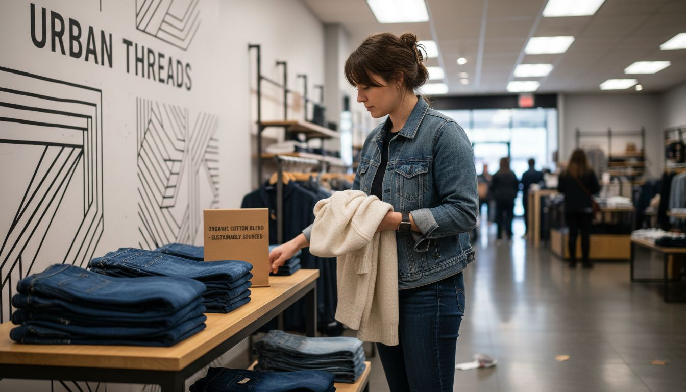 Shopper reading informational retail sign