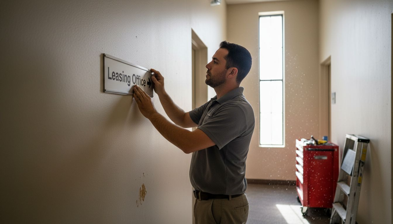 Placing hallway wayfinding sign in apartment building