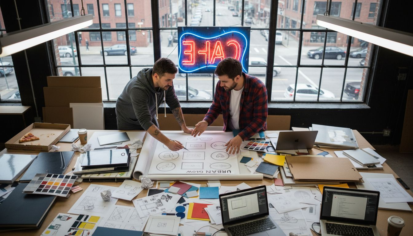 Team reviewing sample business sign designs